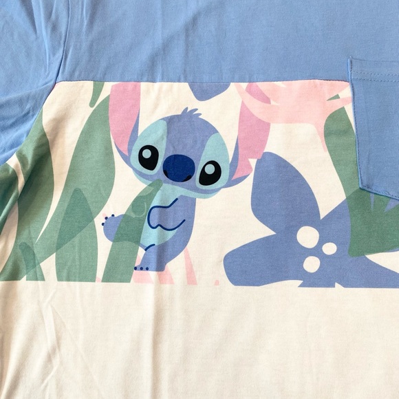 Disney Men Stitch Floral Plant Print Blue and White Men T-Shirts - Picture 3 of 11